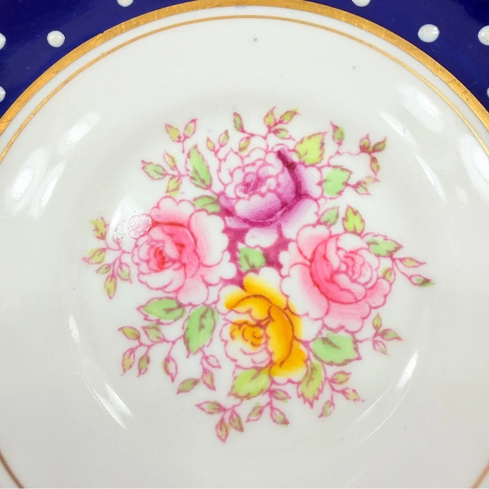 RARE 1930s ROYAL ALBERT TEACUP CUP & SAUCER, COBALT BLUE POLKA JEWELED WHITE DOT